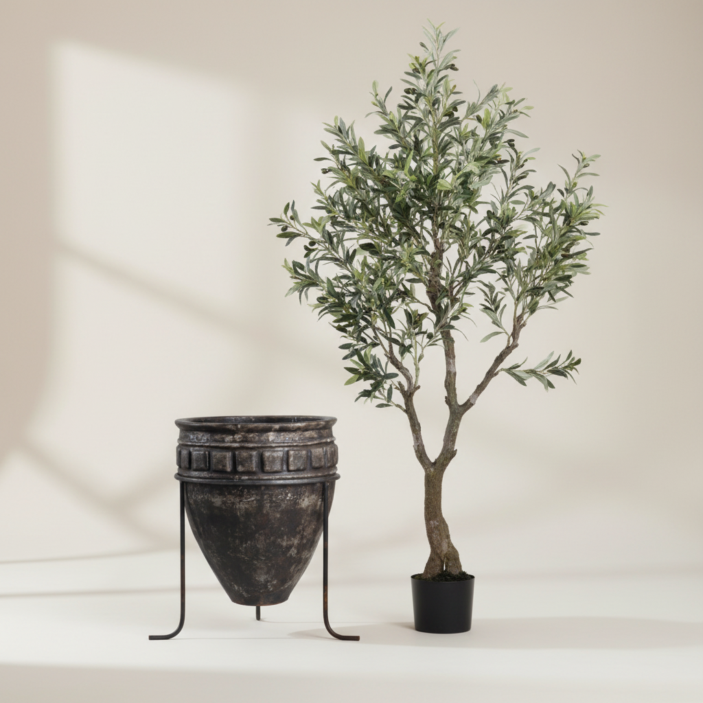 Dark Metal Planter with Olive Tree