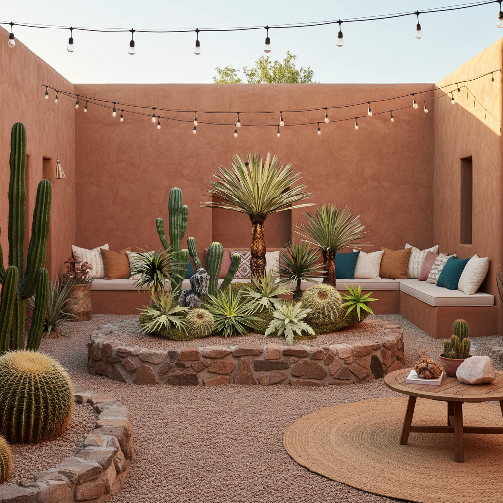 Tropical desert plant collection styled in an Airbnb vacation rental courtyard