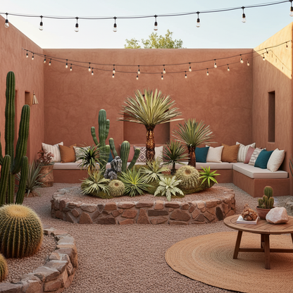 Tropical desert plant collection styled in an Airbnb vacation rental courtyard