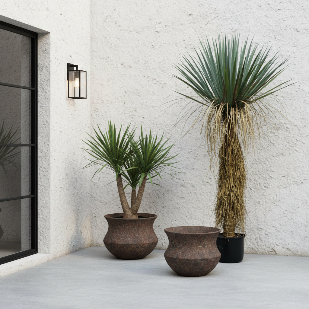 Mediterranean Scene - Two Yucca Trees in Two Brown Planters